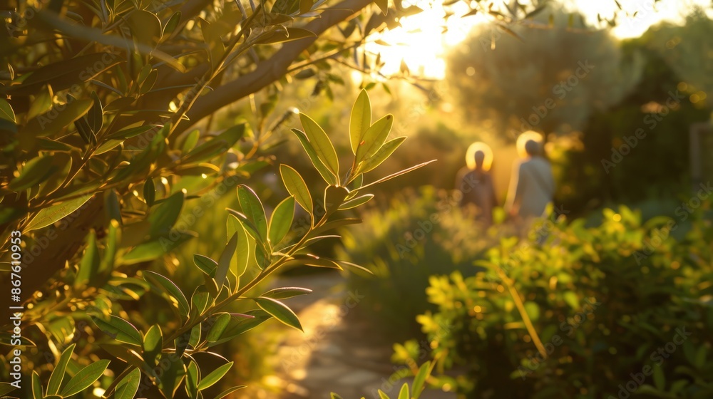 Serene Senior Woman Walking Outdoors in Sunlight with Blurred Friend in Lush Greenery Surroundings Serene Senior Woman Walking Outdoors in Sunlight with Blurred Friend in Lush Greenery Surroundings