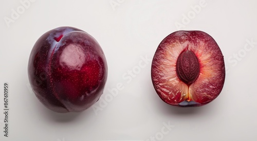 A Single Red Plum Cut In Half Against White Background