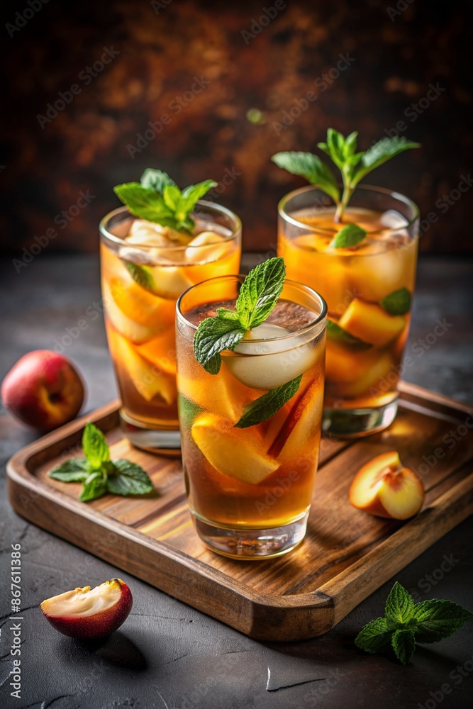 Fototapeta premium Summer cold peach fizz cocktail with mint.