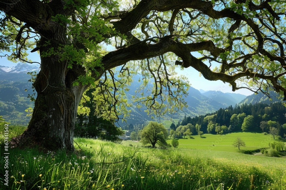 Giving Tree in the Rural Swiss Countryside Providing Shade in Springtime Giving Tree in the Rural Swiss Countryside Providing Shade in Springtime
