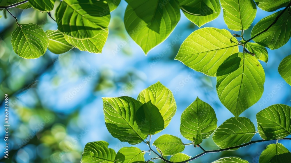 Fototapeta premium Close up view of bright green tree leaves against clear blue summer sky