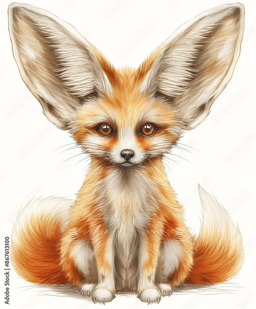 Obraz premium Artistic drawing of a fennec fox with large ears and big eyes, sitting.