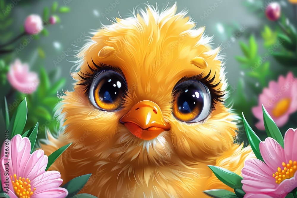 small yellow baby chicken on zoom with blrurry forest and sun bright, chicken character with cute expression small yellow baby chicken on zoom with blrurry forest and sun bright, chicken character with cute expression