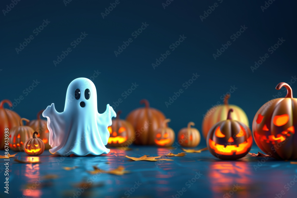 Friendly ghost is celebrating halloween surrounded by illuminated jack-o'-lanterns on a dark blue background Friendly ghost is celebrating halloween surrounded by illuminated jack-o'-lanterns on a dark blue background