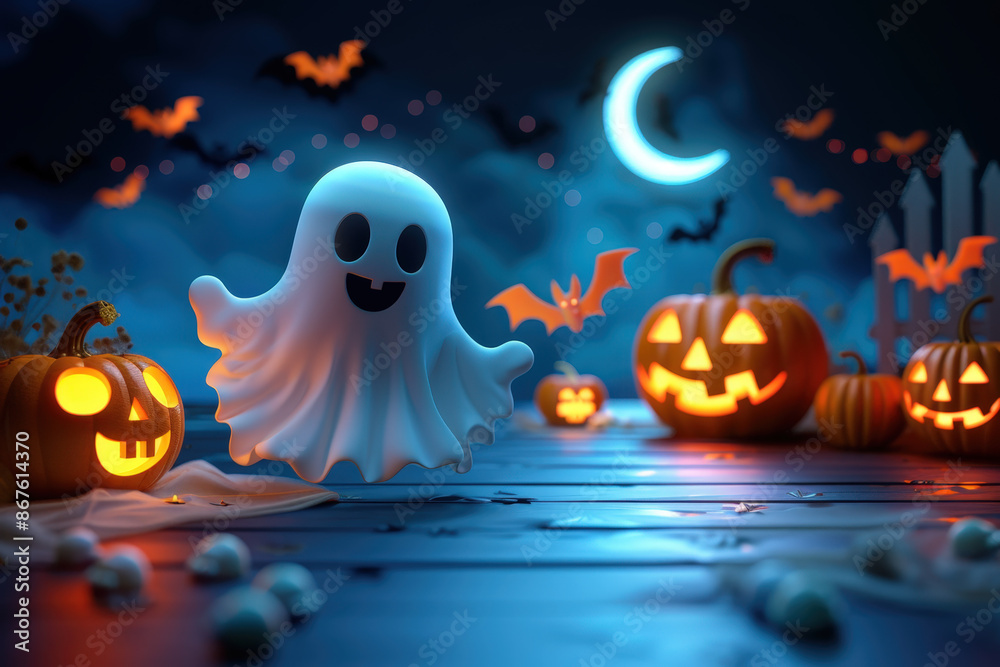 Fototapeta premium Cute ghost floating over a wooden surface with carved pumpkins and bats flying in a dark night with a crescent moon for halloween background