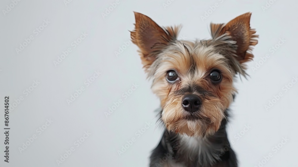 Adorable Yorkshire Terrier pup posing sweetly on a clean white backdrop, perfect for pet lovers Adorable Yorkshire Terrier pup posing sweetly on a clean white backdrop, perfect for pet lovers