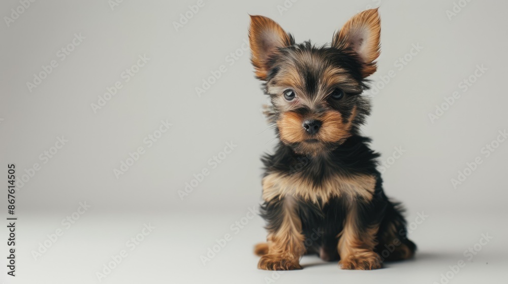 Adorable Yorkshire Terrier puppy posing gracefully on a plain white surface Adorable Yorkshire Terrier puppy posing gracefully on a plain white surface