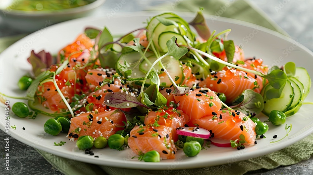 Artfully presented raw salmon salad featuring a variety of green vegetables, appealing for health-focused cuisine Artfully presented raw salmon salad featuring a variety of green vegetables, appealing for health-focused cuisine