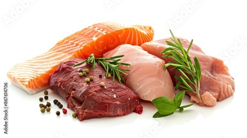 Assorted raw meats: salmon, chicken breast, and beef steak, neatly arranged on a white background