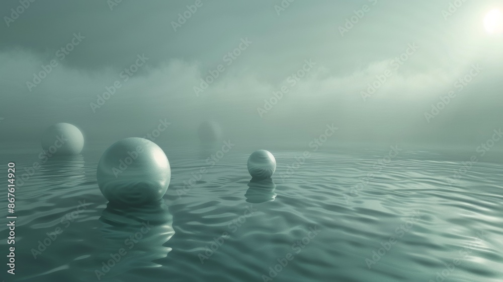 White Spheres Floating On Calm Sea Water In Foggy Weather White Spheres Floating On Calm Sea Water In Foggy Weather