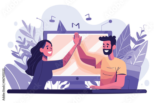 Virtual high-five celebrating successful online collaboration and remote work achievements, as depicted by happy businesspeople high-fiving through mobile phone screens during a video conference.