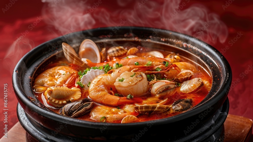 Boiling hot pot of mixed seafood soup, with spicy broth and seafood, isolated on red Boiling hot pot of mixed seafood soup, with spicy broth and seafood, isolated on red