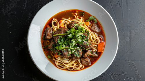 Beef and noodle lagman soup presented in a white bowl against a dark backdrop photo