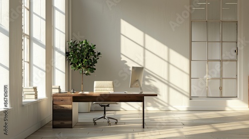 Minimalist Office Desk With Natural Light and Plant