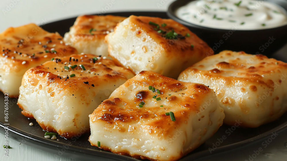 Golden brown fried dough pieces with herb seasoning, accompanied by a side of sour cream sauce Golden brown fried dough pieces with herb seasoning, accompanied by a side of sour cream sauce