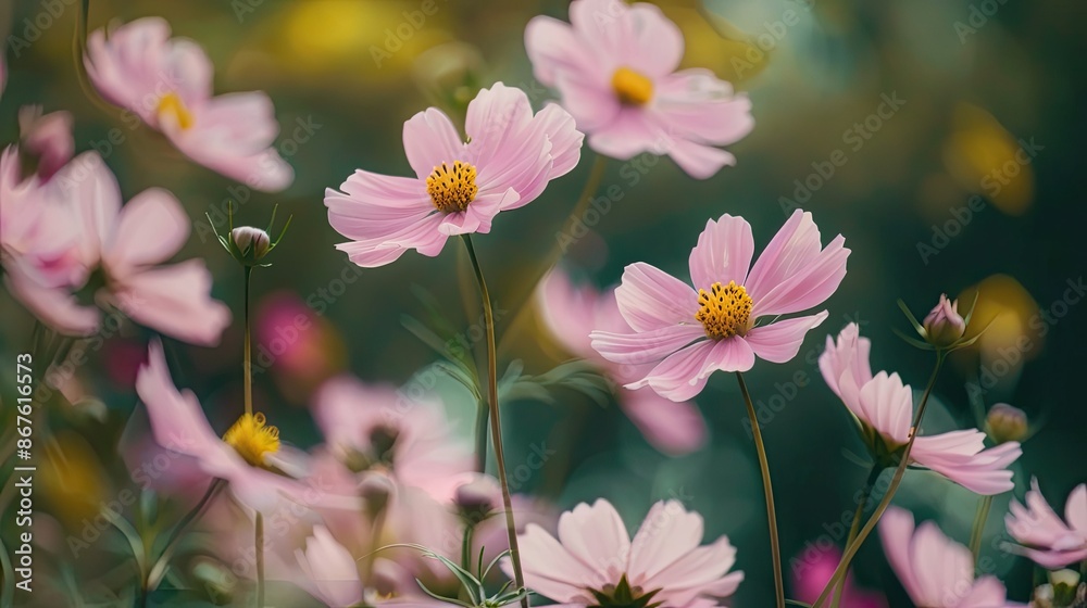 Close-up shot of pink Cosmos flowers blooming profusely, filling the garden with their charm Close-up shot of pink Cosmos flowers blooming profusely, filling the garden with their charm