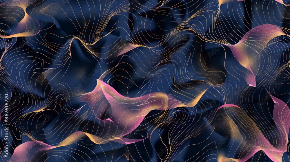 Obraz premium A repeating wallpaper design with dark blue base showcasing gold and pink abstract lines, highlighted with black elements to create a dynamic and contemporary pattern