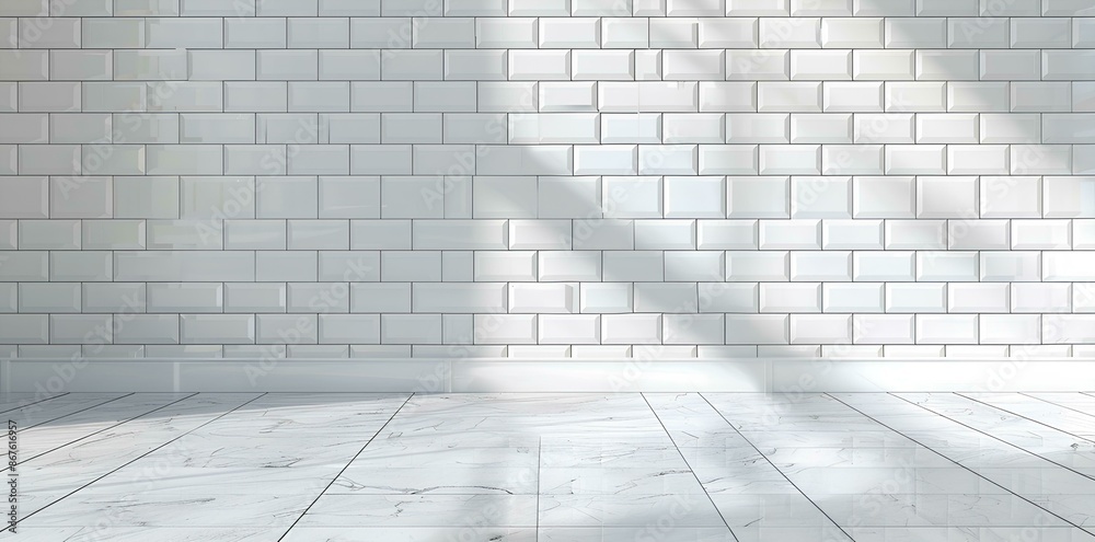 Fototapeta premium White tile wall background with marble table top, window light shadow for product display mockup or design interior concept of modern kitchen, bathroom and bedroom.