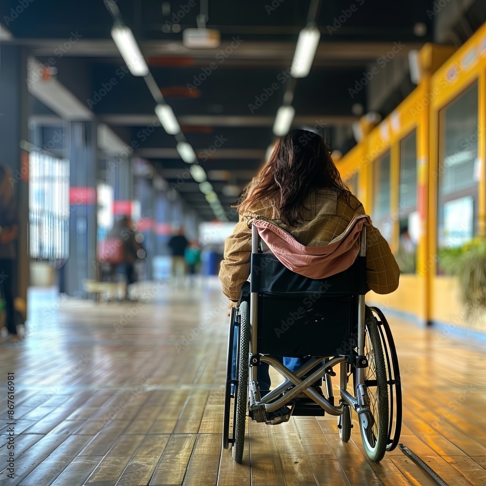 Obraz premium Set of Disabled People On Wheelchairs Using Ramps To Access Buildings, Streets, Transport Or Other Places. Concept Of Accessibility, Inclusion, And Disability Rights. Generative AI