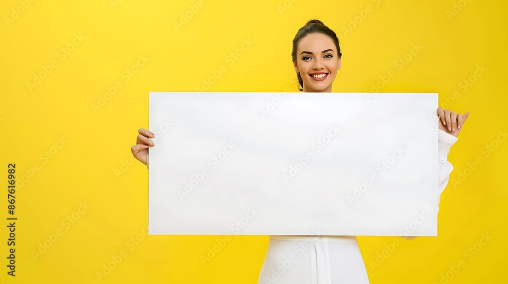 Smiling female presenting a huge blank placard for discounts, set against a yellow backdrop. Smiling female presenting a huge blank placard for discounts, set against a yellow backdrop.