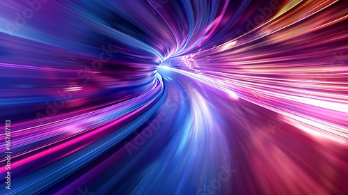 Abstract colorful background with light speed effect, colorful streaks of lights in the shape of curved tunnel or corridor. Abstract digital art for design element, futuristic technology concept.