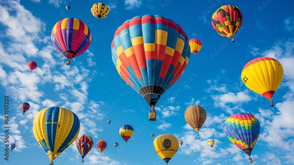 Naklejka premium Colorful Hot Air Balloons Against Clear Blue Sky