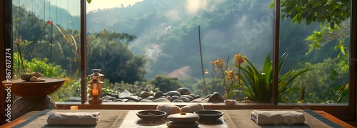 5. Capture the essence of a spa oasis with a panoramic view of polished massage stones, fluffy towels, and ambient candles set against a backdrop of tranquil natural scenery, offering a serene and