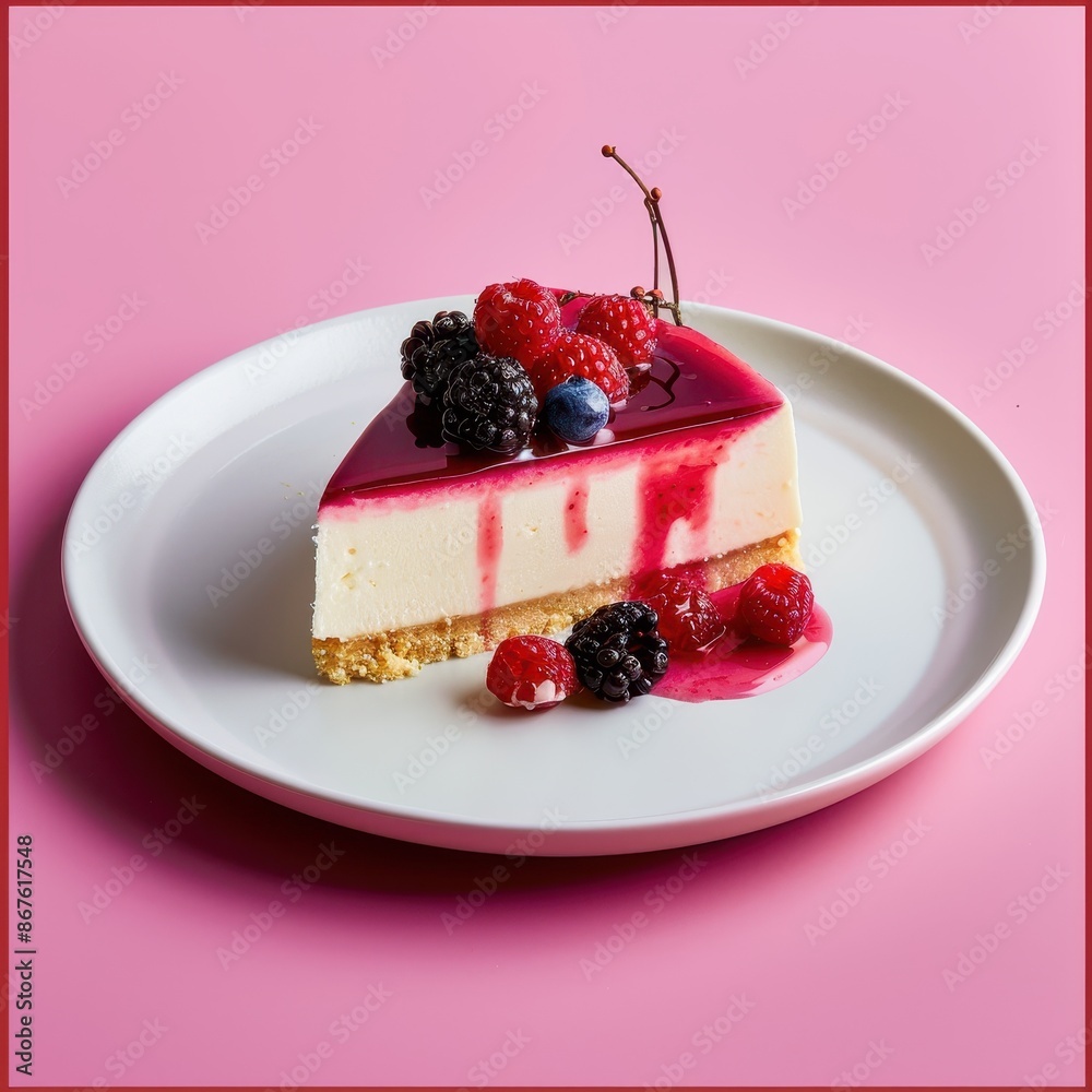 Slice of cheesecake with fresh berries and raspberry sauce. Dessert on a white plate. Slice of cheesecake with fresh berries and raspberry sauce. Dessert on a white plate.