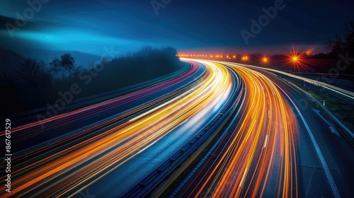 Dramatic long exposure shot of orange car lights on a highway at night, creating dynamic streaks of color