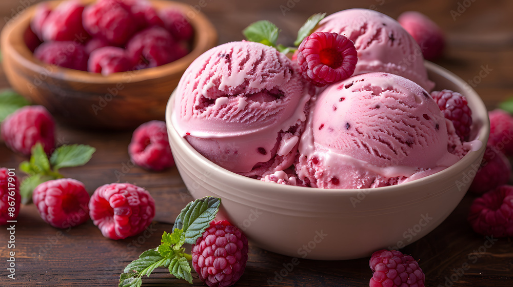Raspberry ice cream with fresh raspberries and mint in bowl Raspberry ice cream with fresh raspberries and mint in bowl