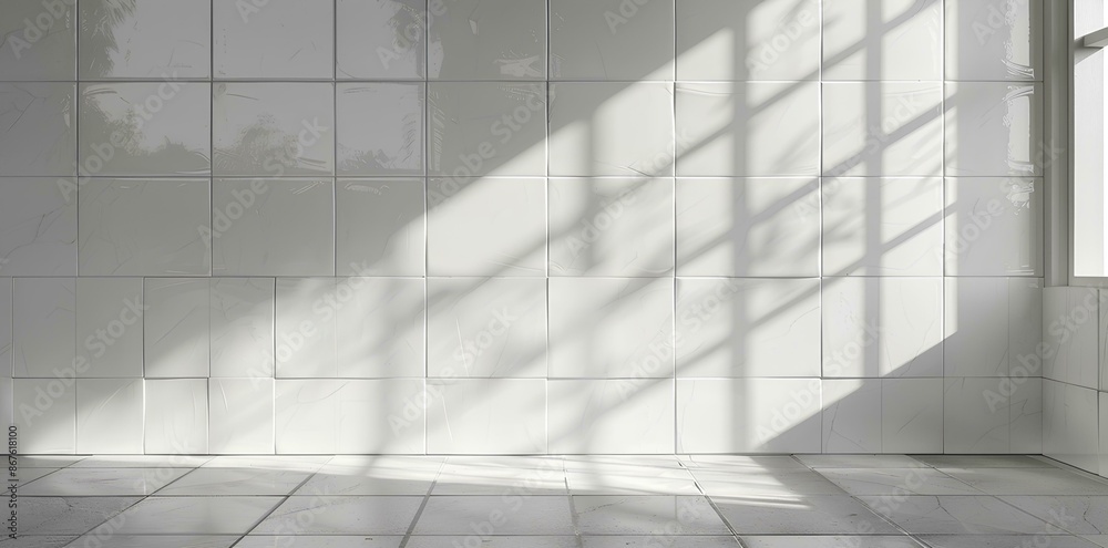 Obraz premium White tile wall background with marble table top, window light shadow for product display mockup or design interior concept of modern kitchen, bathroom and bedroom.