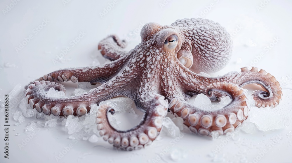 Frozen octopus body with frost, placed on a clean white background Frozen octopus body with frost, placed on a clean white background