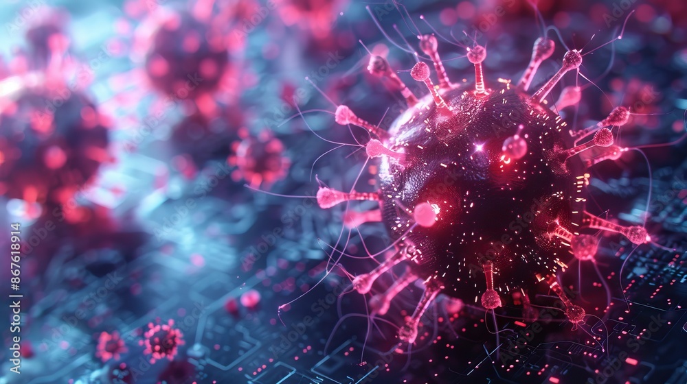 Close-up view of a virus particle on a digital background, representing scientific research and medical technology in virology. Close-up view of a virus particle on a digital background, representing scientific research and medical technology in virology.