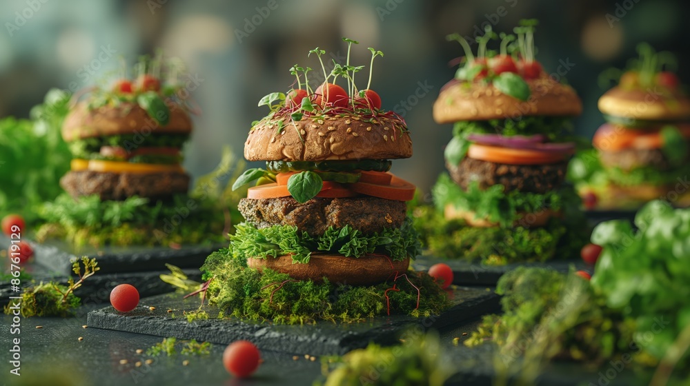 Naklejka premium Close-Up of Gourmet Plant-Based Burgers with Fresh Toppings