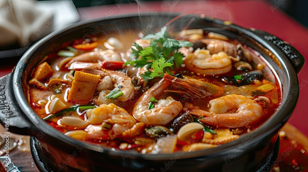 Hot pot of mixed seafood soup, boiling with spicy broth and seafood, isolated on red Hot pot of mixed seafood soup, boiling with spicy broth and seafood, isolated on red
