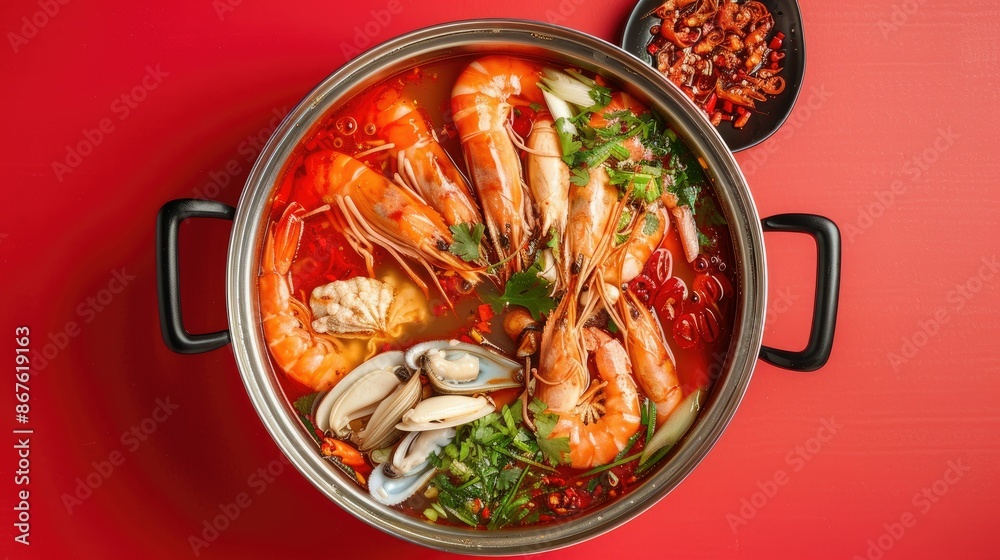 Hot pot of spicy mixed seafood soup, with shrimp, squid, and fish, isolated on red Hot pot of spicy mixed seafood soup, with shrimp, squid, and fish, isolated on red