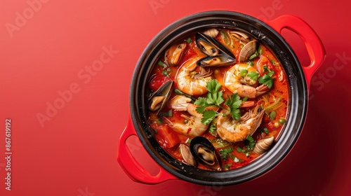 Hot pot of spicy seafood soup, filled with shrimp, mussels, and vegetables, isolated on red
