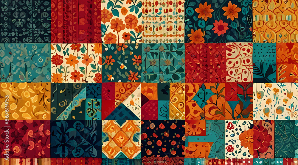 Create a vibrant patchwork quilt illustration using a mix of traditional and modern fabric patterns Create a vibrant patchwork quilt illustration using a mix of traditional and modern fabric patterns