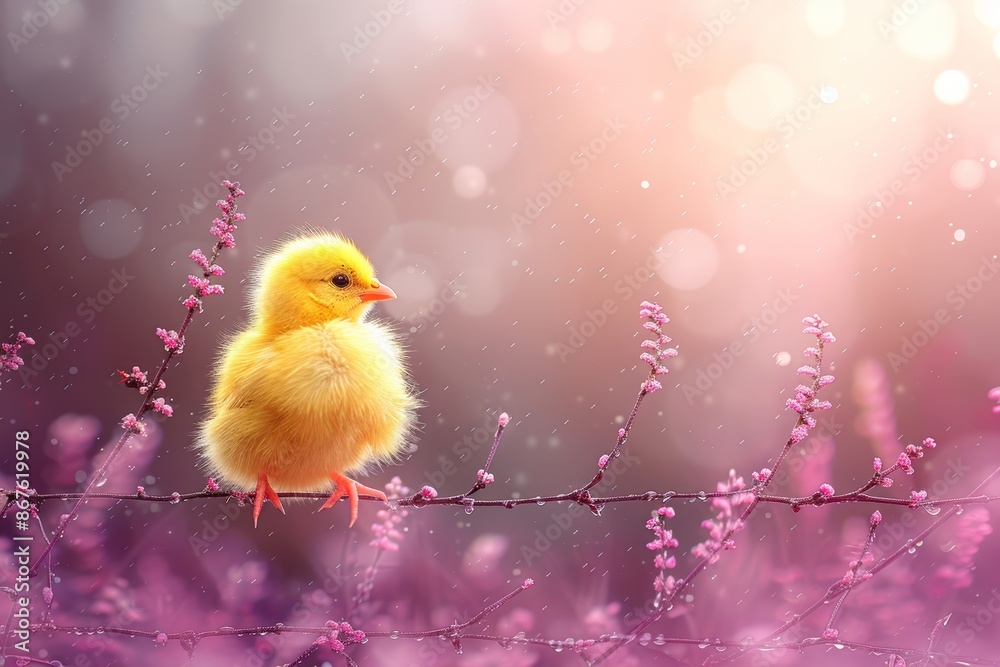 A small yellow chicken rest on branch with a background of blurry colored flowers A small yellow chicken rest on branch with a background of blurry colored flowers