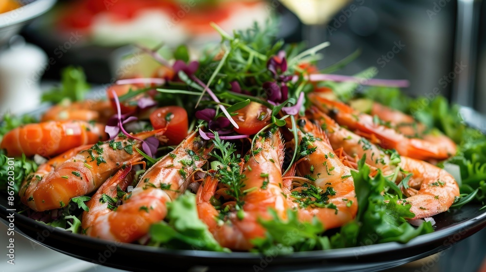 Seafood platter delight with shrimps and salmon, served with fresh greens and herbs Seafood platter delight with shrimps and salmon, served with fresh greens and herbs