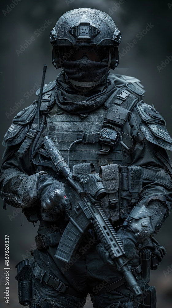 A Soldiers Vigil: A Black Ops Operator Stands Ready in the Gray Light of Dawn. Generative AI