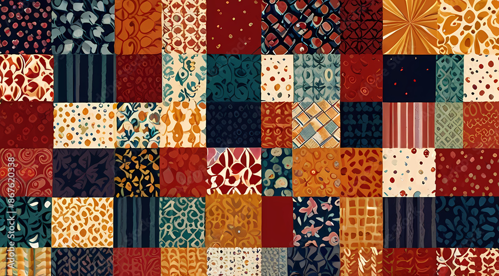 Create a vibrant patchwork quilt illustration using a mix of traditional and modern fabric patterns Create a vibrant patchwork quilt illustration using a mix of traditional and modern fabric patterns