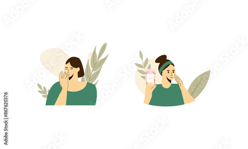 Women enjoy skin care routine at home illustration