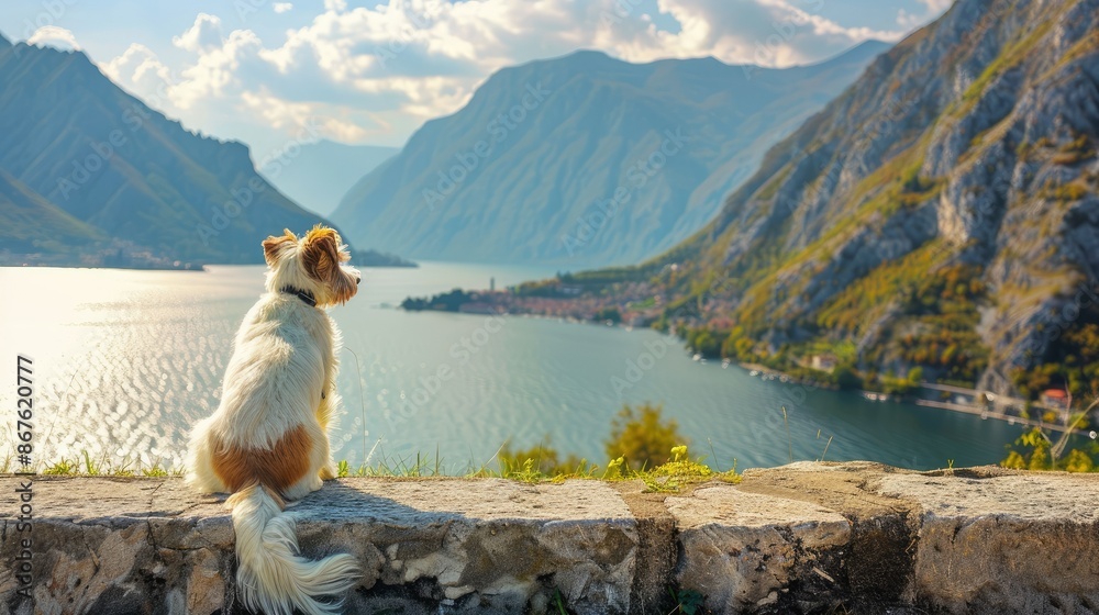 Obraz premium Small dog sitting on the embankment, with a stunning bay and mountain backdrop on a sunny day