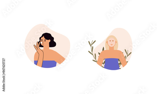 Women enjoy skin care routine at home illustration