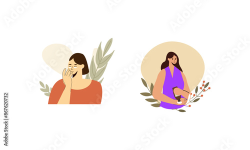 Women enjoy skin care routine at home illustration
