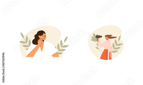 Women enjoy skin care routine at home illustration