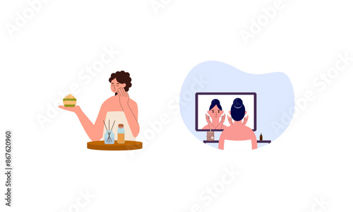 Women enjoy skin care routine at home illustration