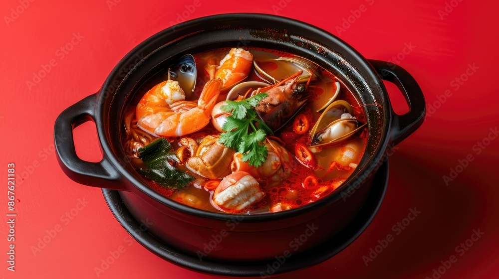 Spicy mixed seafood soup in a hot pot, with vibrant red broth and seafood, isolated on red Spicy mixed seafood soup in a hot pot, with vibrant red broth and seafood, isolated on red