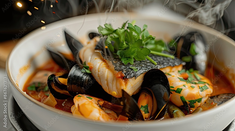Steaming bowl of bouillabaisse with fish, mussels, and shrimp, garnished with parsley